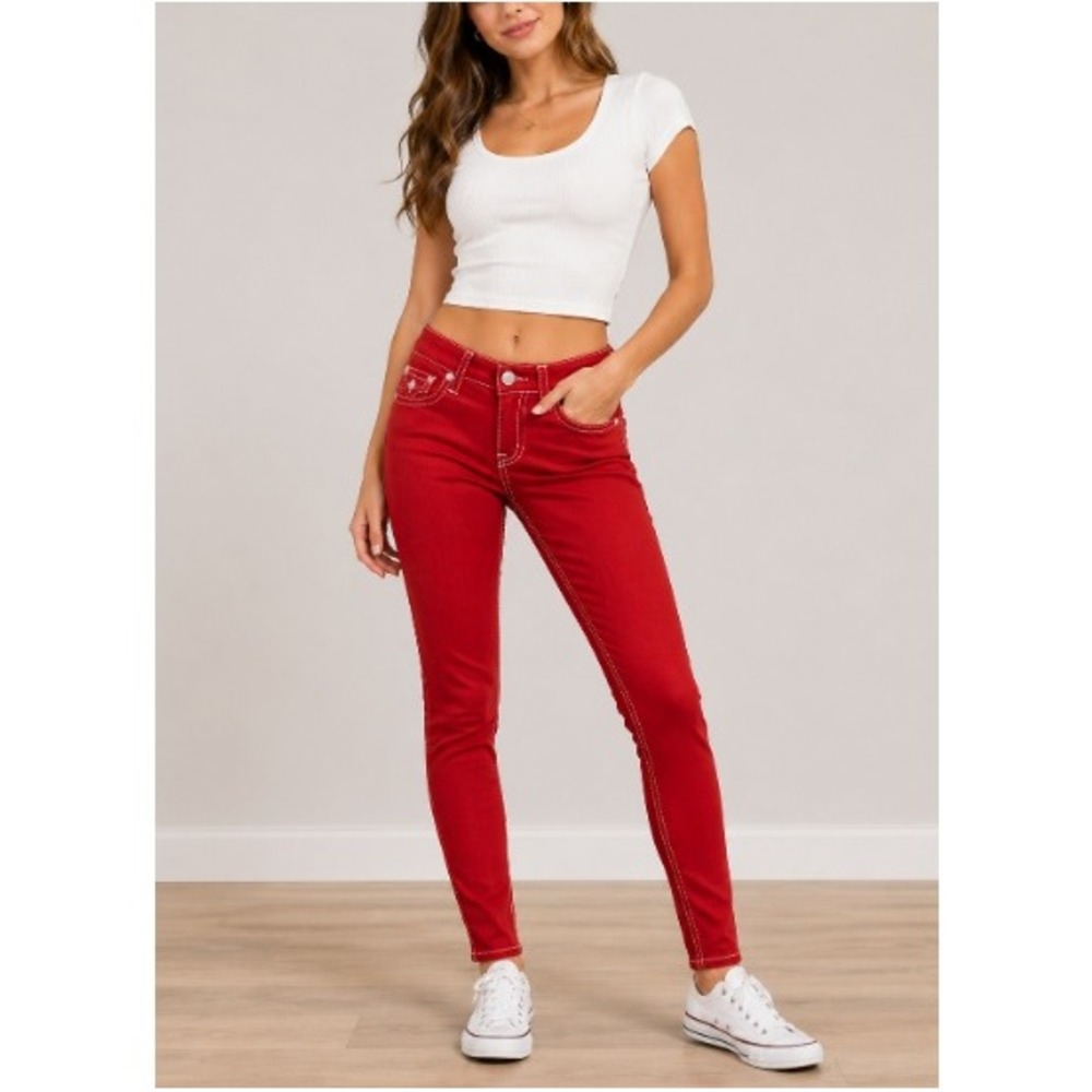 True Religion Women's Red Becca Mid Rise Super T Flap Bootcut Jeans Size 28 NWOT